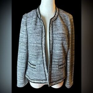 Talbots Tweed Open Front Fringe Trim Blazer Medium Petite Gray Black & White